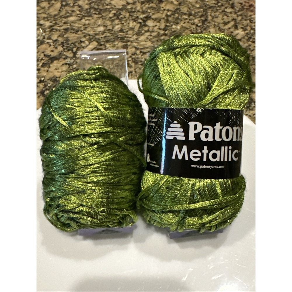 2 Skeins Patons Metallic Green Yarn (Discontinued) 95244